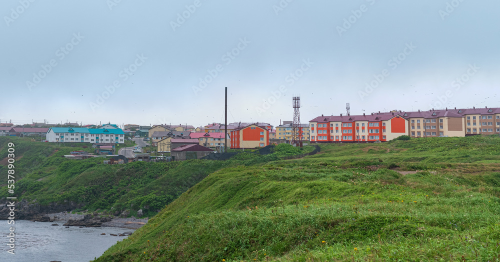 view of the town of Yuzhno-Kurilsk on the island of Kunashir