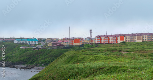 view of the town of Yuzhno-Kurilsk on the island of Kunashir