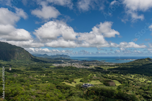 Scenic aerial vista of north east Oahu from the Nuuanu Pali lookout, Hawaii