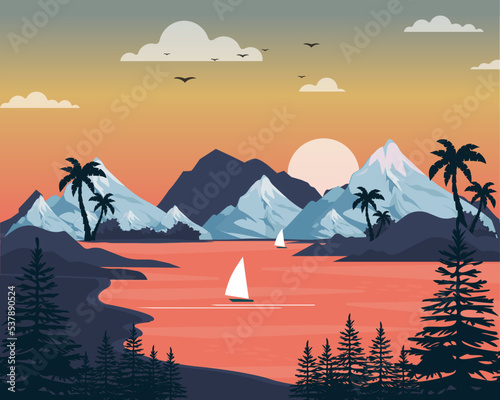 Vector Illustration of nature scenery with sunset view with river, clouds on red sky. Nature landscape background.