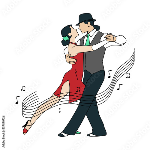 Vector colorful illustration couple dancing argentine tango on white background
