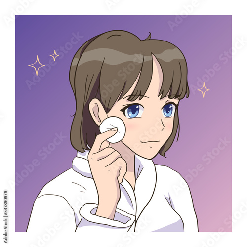 Anime Girl Cleansing your face. Skin care morning routine