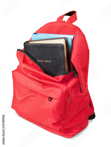 Canvas Print Red school Backpack with Bible Book isolated on white