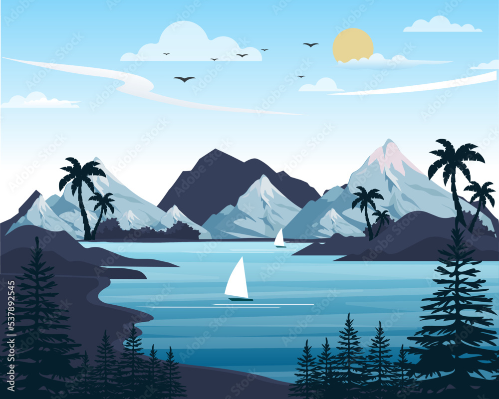 Early morning nature landscape with sun rising. Blue sky with flying birds. Scenery background. hand drawn vector illustration. 