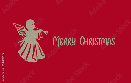Angel on a red background with text Merry Christmas. Christmas card.
