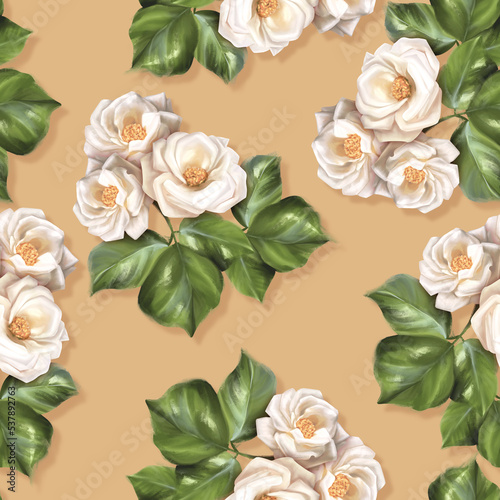 Seamless pattern of white rose flowers. Floral background for wallpaper or fabric.