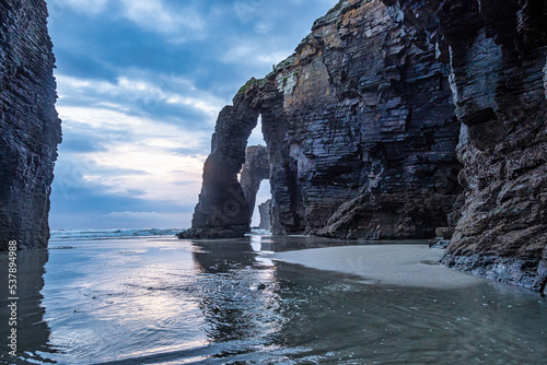 Natural rock arches Cathedrals beach, Playa de las catedrales at Ribadeo, Galicia, Spain photo