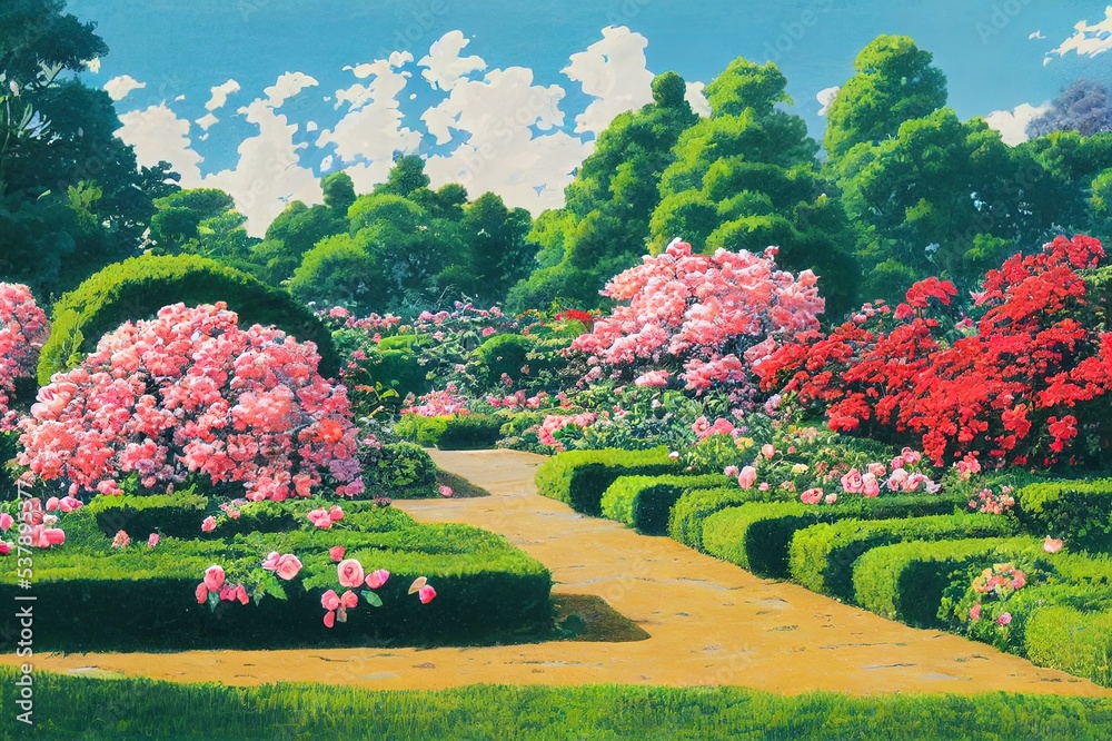 Fototapeta premium Large English garden in winter, UK, with rose bushes, arch, and raised beds in a vegetable patch