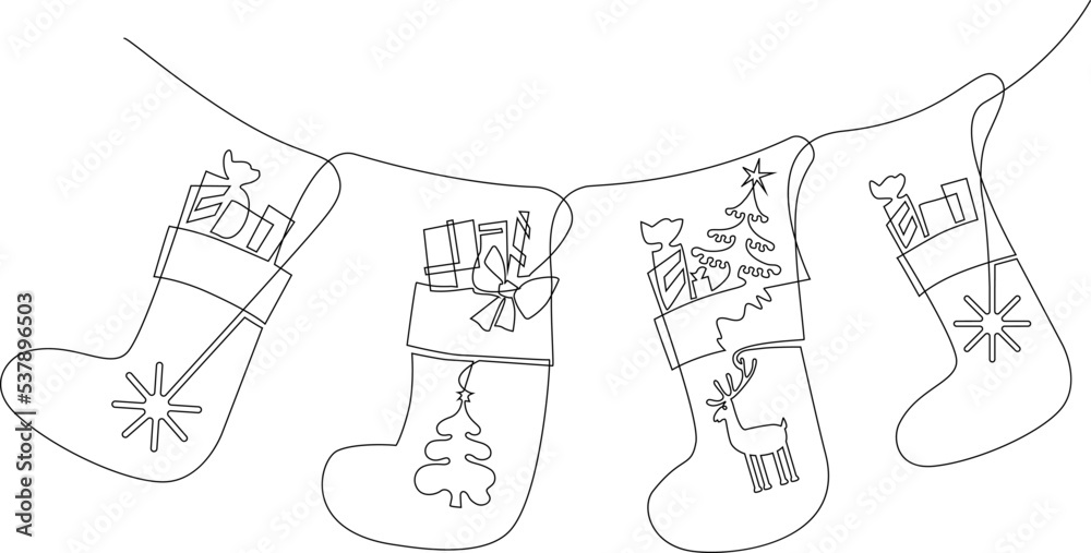 Christmas socks for gifts hang on a rope. Traditional decoration of the house for the new year. Continuous line drawing, vector illustration. Christmas socks for gifts hang on a rope. Traditional decoration of the house for the new year. Continuous line drawing, vector illustration.