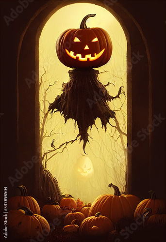 Spooky Halloween Jack o Lantern Monster Pumpkin Floating In Doorway, Smiling. More Pumpkins On Floor