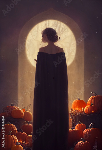Halloween Art With Beautiful Girl Standing In Front Of Pumpkins and Round Moon Winidow Opening