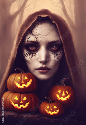 Halloween Witch - Young Woman's Face With Branching Black Tatoos And Jack O Lantern Pumpkins