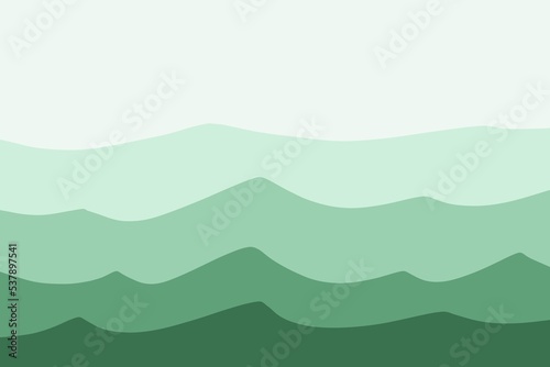 Illustration of soothing deep misty mountain range faded grassland empty sky design ombre green light to dark hues background