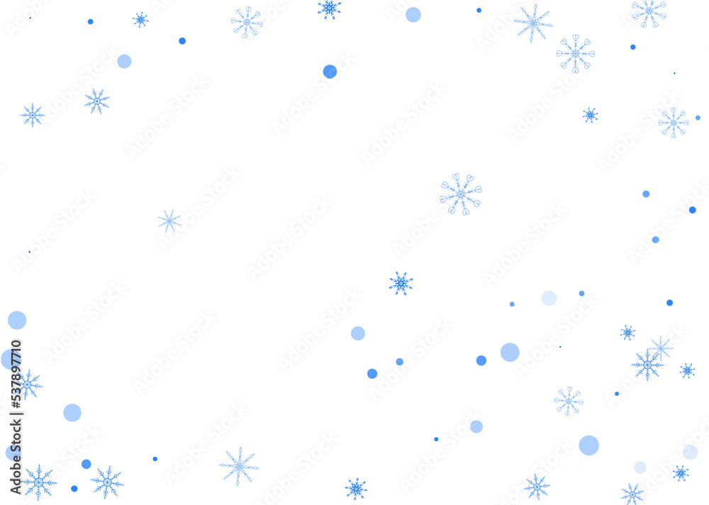Snowflakes. Snow, snowfall. Falling scattered blue snowflakes on a white background. Vector