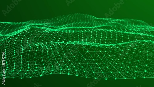 Digital technology background. Abstract dynamic wave of connected dots and lines on dark background. Wave of bright particles. Big data. 4K illustration. 3d rendering.