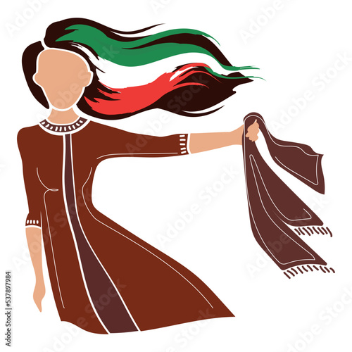 Woman activist with hijab in hand and flowing hair with Iran flag vector modern illustration isolated on white background.Poster against wearing the hijab. Women's Protest in Iran. photo