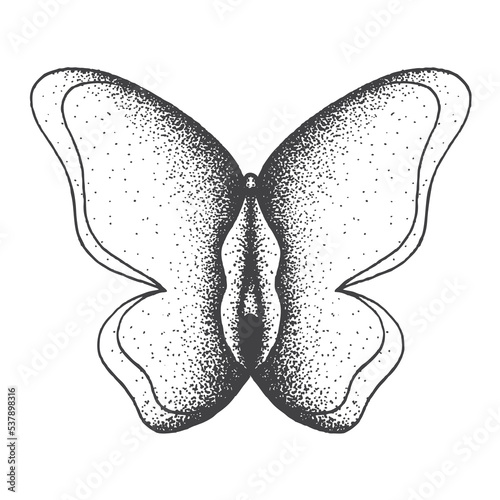 Handdrawn Dotwork Vector Illustration. Concept logo: Butterfly with a body in the form of a vagina. Insect tattoo sketch. The concept of the health of the female body