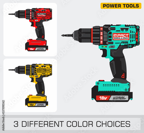 Impact Drill Cordless Power Tool in three different color choices vector illustration