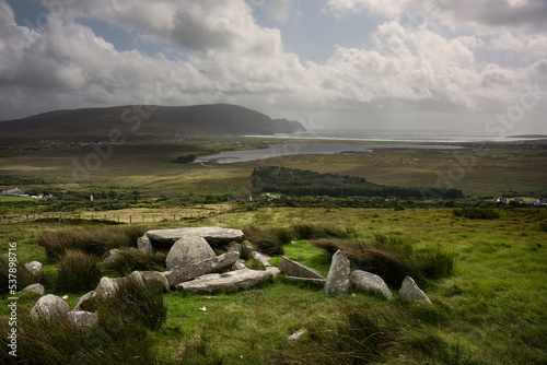 Beautiful view from the Megalithic Tomb on the slope of Slievemore mountain at Achill Island in Ireland. photo