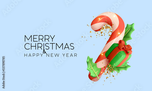 Red Candy cane, gift box, holly green leaves, golden confetti. Christmas and New Year background. Bright Xmas holiday composition. Realistic 3d cartoon style design. vector illustration