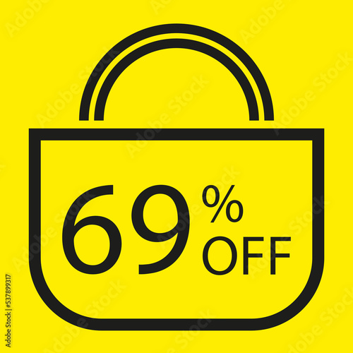 69 percent off. Yellow banner with shopping bag illustration.
