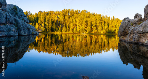 Rock Formations Reflecting on Sylvan Lake, Custer State Park, South Dakota, USA