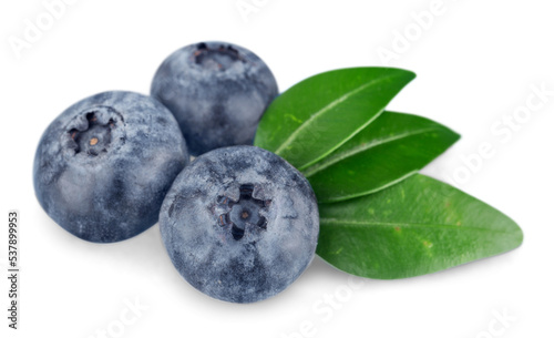 Fresh ripe blueberries with leaves isolated on white background