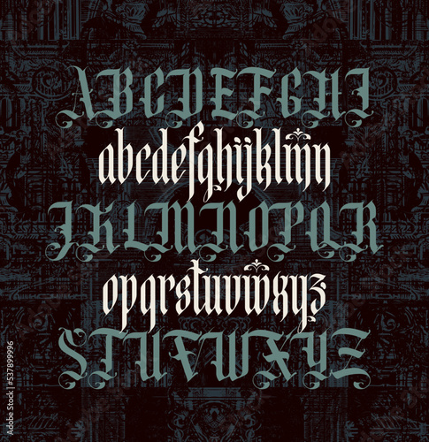 Gothic font. Full set of capital letters and small of the English alphabet in vintage style. Medieval Latin letters. Vector calligraphy and lettering.