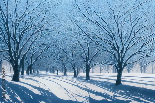 Trees covered with snow and frost in winter. Snow covered trees in winter landscape. Winter snow scene. Snowy winter landscape