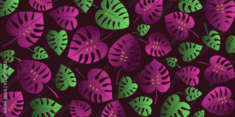 Vector illustration. Pattern of purple and green leaves of monsters with a soft gradient on a dark purple background. Background for the site, for packaging, product design.
