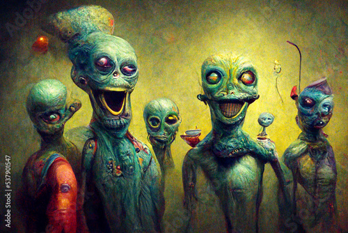 Ugly junkie monsters having fun and drinking. Punk aliens in the casino and bar