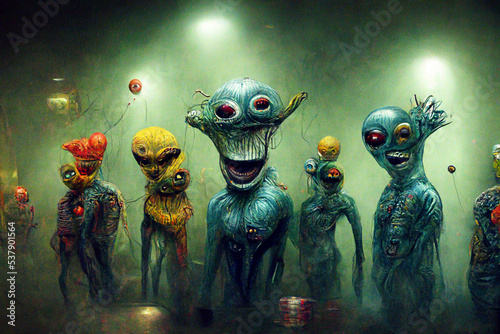 Ugly junkie monsters having fun and drinking. Punk aliens in the casino and bar photo