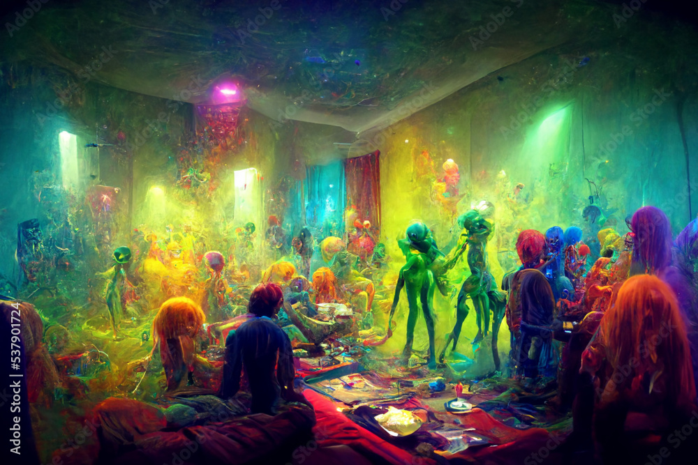 Funny-looking colorful monsters having fun. Junkie aliens partying together, dancing, tripping, smiling 
