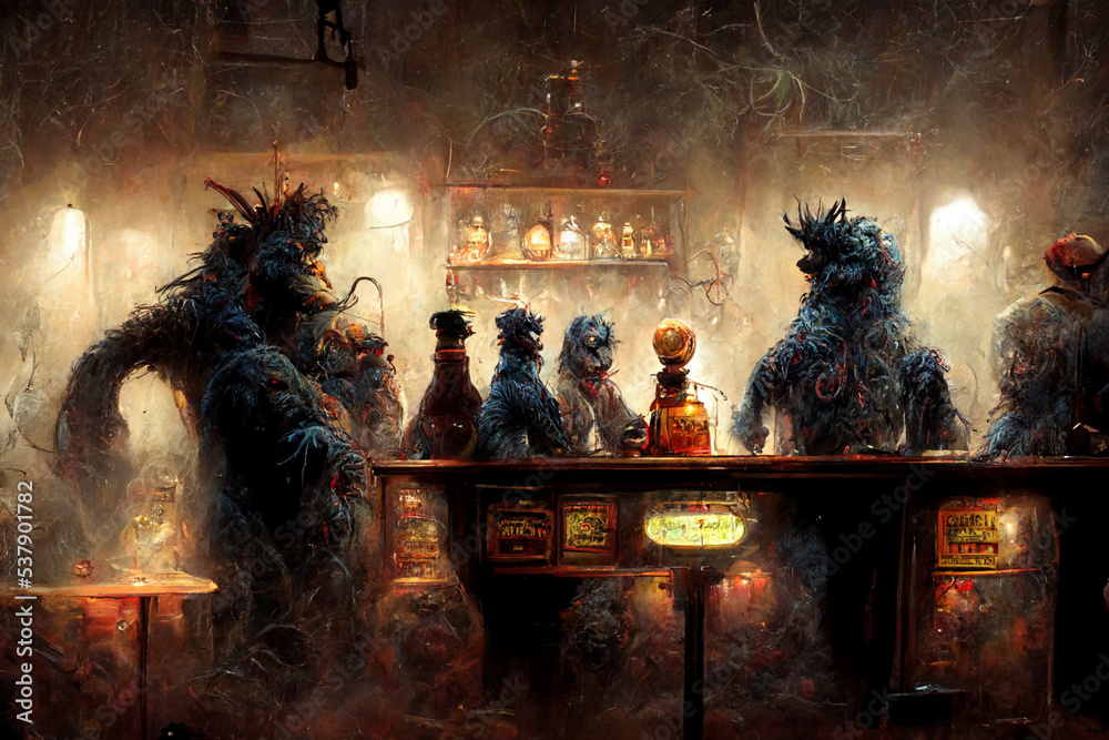 Nightmare monsters at the bar having fun. Scary horrifying monsters