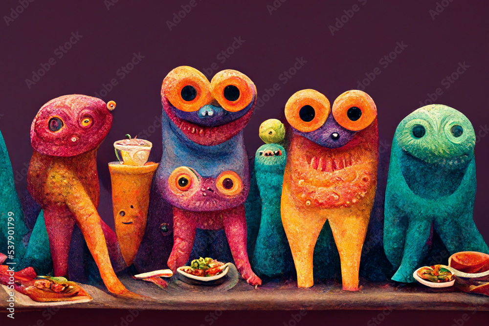 Cute colorful aliens and monsters at the bar having fun. Aliens and monsters drinking bear