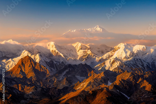 Panoramic view of himalayas mountains, Mount Everest. Panoramic view of the snowy mountains in Upper Mustang, Annapurna Nature Reserve, Nepal. 