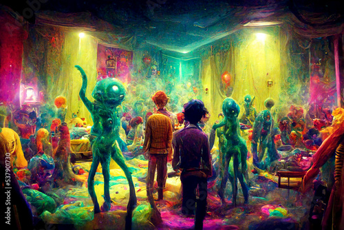 Funny-looking colorful monsters having fun. Junkie aliens partying together, dancing, tripping, smiling 