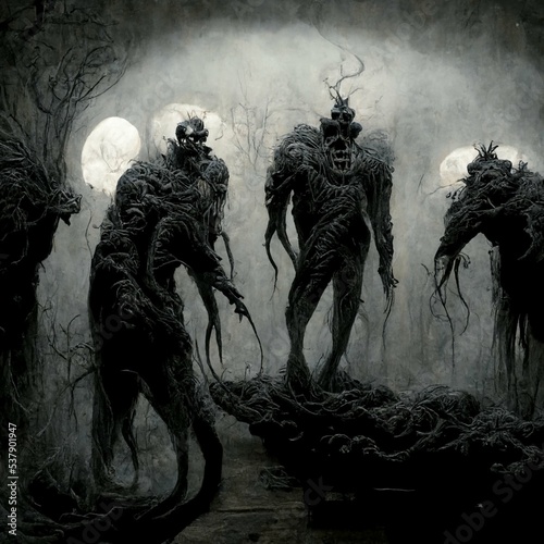 A group of nightmare monsters and aliens waiting a foggy night. Hairy monsters outdoors staring at the camera. Pale colors, fog