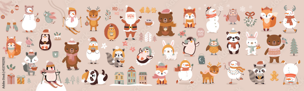 Christmas animals set, hand drawn style - cute animals, snowmen, Santa Claus and other elements. Christmas animals set, hand drawn style - cute animals, snowmen, Santa Claus and other elements.