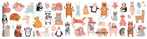 Christmas animals set, hand drawn style, bears, rabbits, sloths, penguins, owls and others.