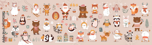 Fotografiet Christmas animals set, hand drawn style - cute animals, snowmen, Santa Claus and other elements