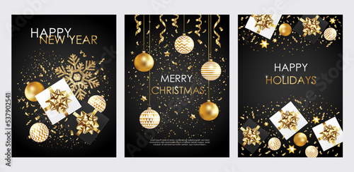 Merry Christmas, Happy New Year, Happy Holidays cards with gift boxes, balls and confetti on black bacground. Modern universal templates. Vector illustration.