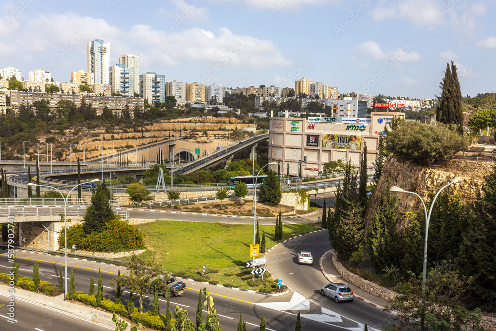 HAIFA, ISRAEL - September 29, 2022: Highway interchange with traffic on multiple levels, Aerial image.