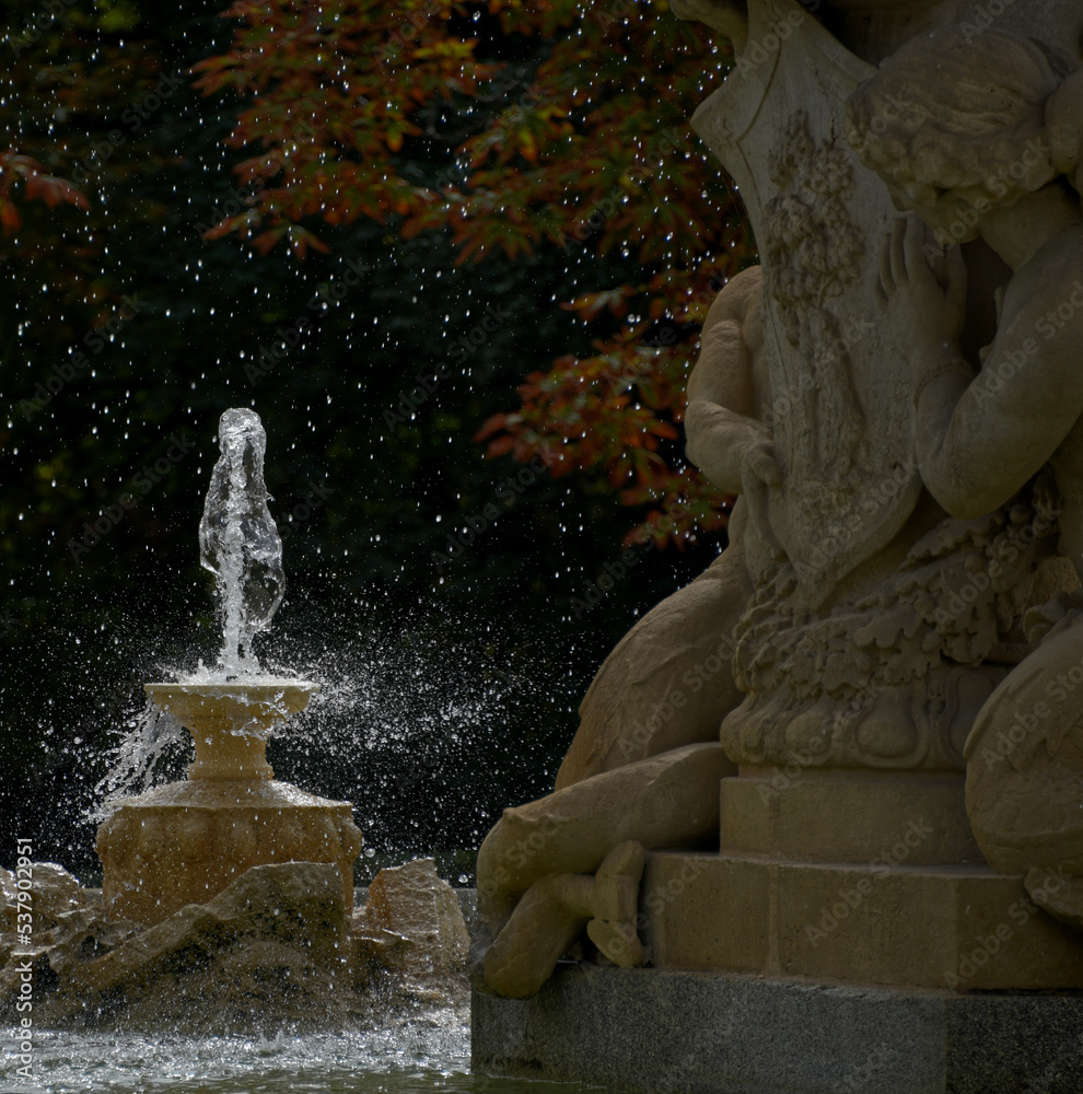 A park fountain in Madrid Spain during the fall season.
