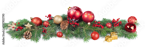 Fotografie, Obraz Christmas decorations with  tree branches and  baubles  isolated on white backgr
