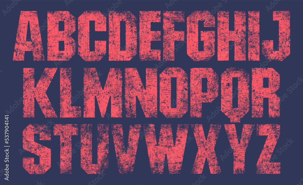 Scratched Font with a worn, scratched texture. Detailed individually textured characters. Unique design font