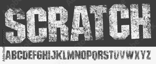 Scratched Font with a worn, scratched texture. Detailed individually textured characters. Unique design font