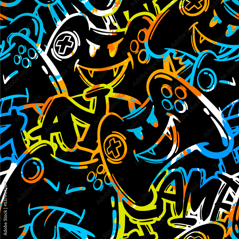Seamless abstract pattern with colorful  joystick game and graffiti words. Wallpaper for boys.