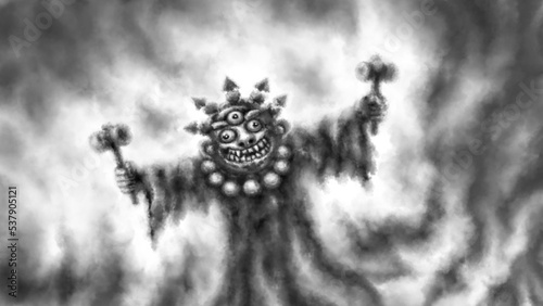 Masked dancer with rattles in his hands. Festival of veneration spirits. Spooky illustration horror fantasy genre. Twilight, creepy fog and gloomy men. Legends from past. Black and white background.