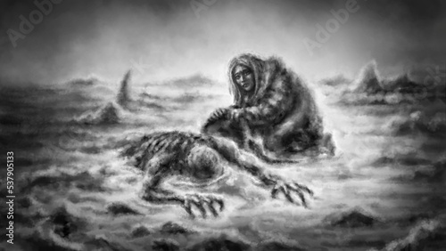 Scary demon crawling out of lake lies on shore. Girl covers monster a blanket. Spooky illustration horror fantasy. Twilight, creepy fog and gloomy men. Legends from past. Black and white background.